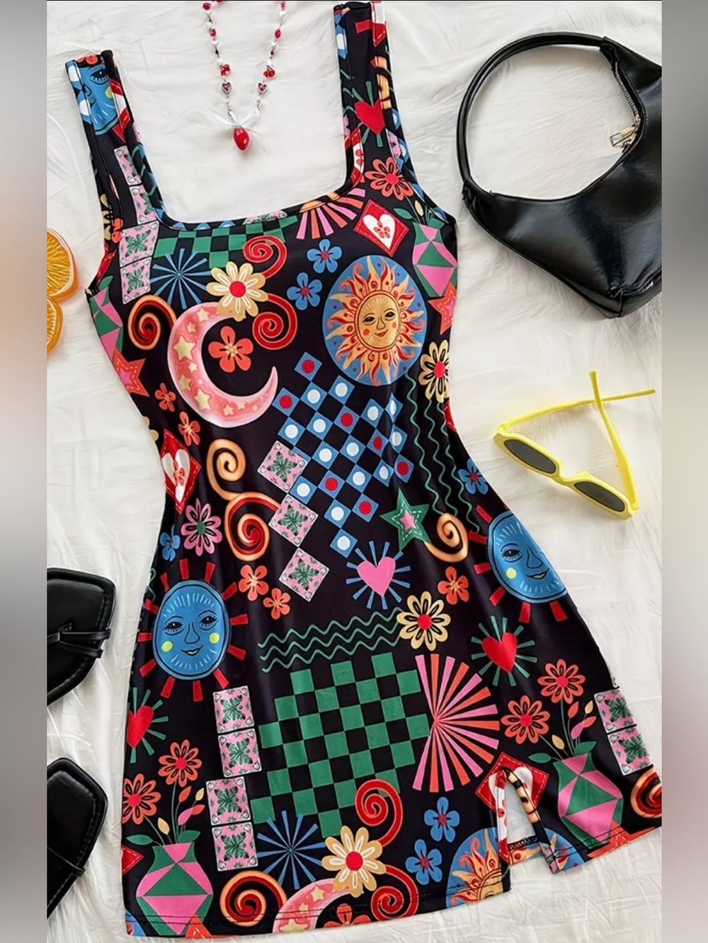 Women’s Black Multicolor Printed Square-Neck Dress - Picture 4 of 7
